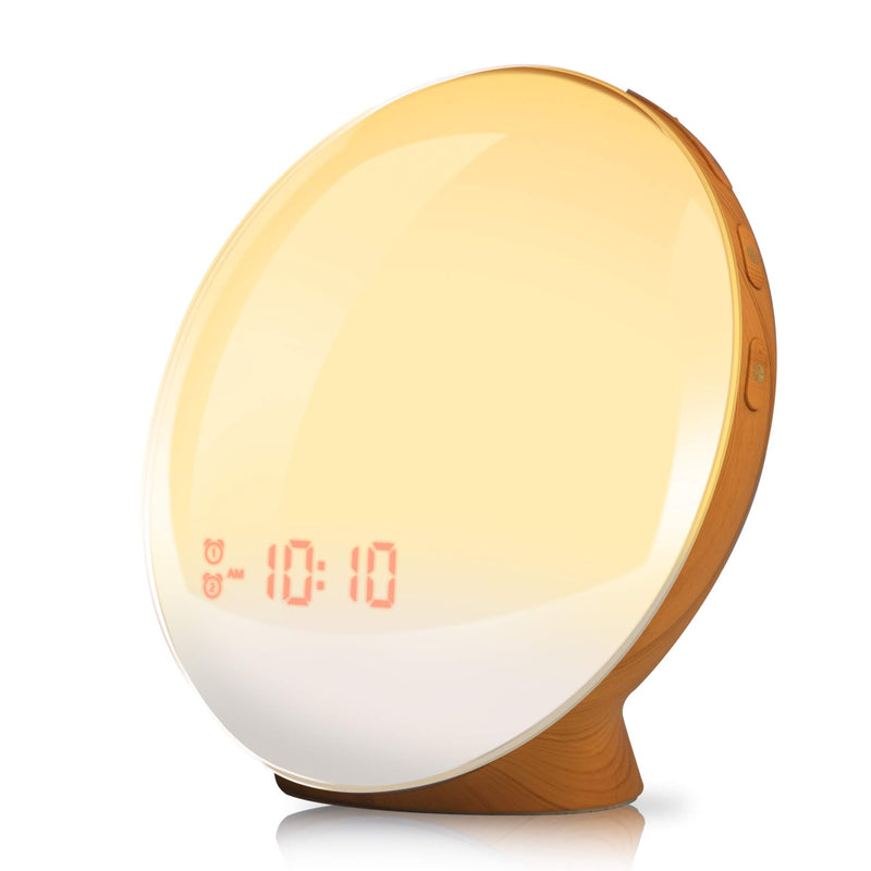 NewNest Australia - Wake Up Light,TITIROBA Sunrise Simulation Dual Alarms Clock Aid Sleep Snooze Function 8 Colors Night Light 7 Natural Sounds & FM Radio,USB Charge Port-AM/PM Wood Grain 