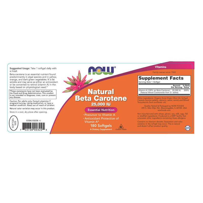 NOW Supplements, Natural Beta Carotene 25,000 IU, Essential Nutrition, 180 Softgels - NewNest Australia