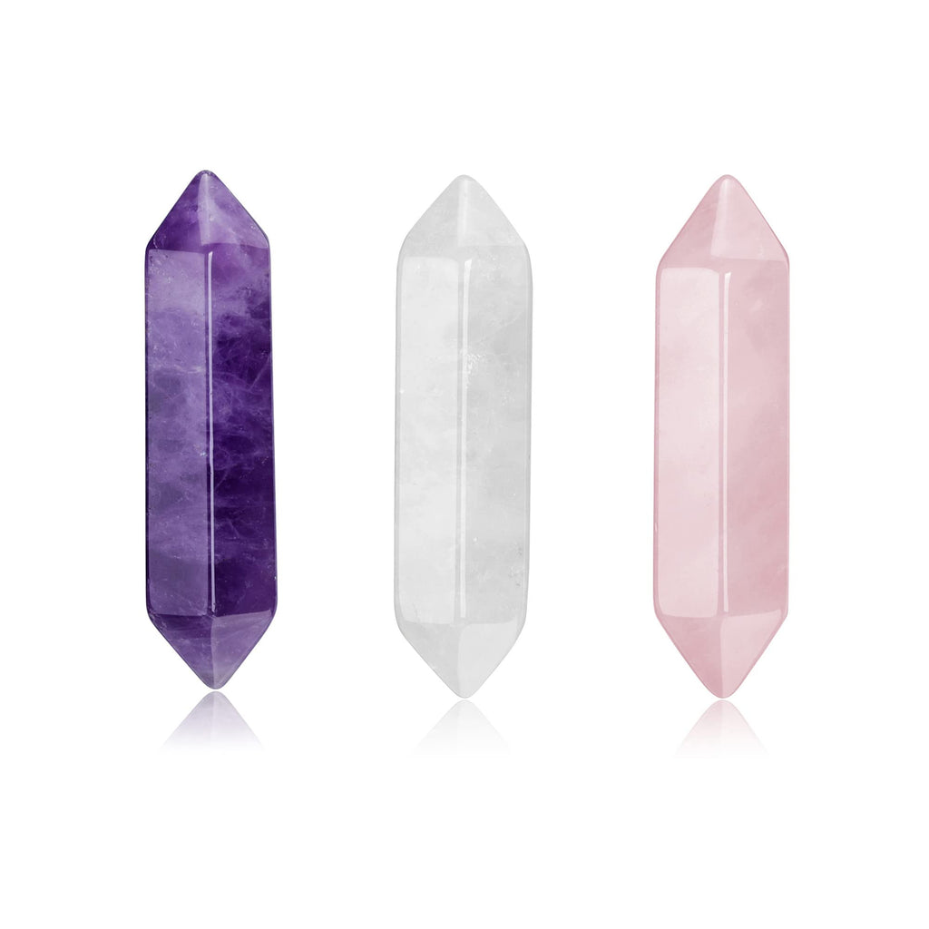 CrystalTears Healing Crystal Wands Hexagonal Natural Amethyst Rose Quartz Clear Quartz Reiki Healing Crystals Points Gemstone Wand Set for Meditation Crystal Therapy Christmas Gift Amethyst+rose Quartz+clear Quartz - NewNest Australia