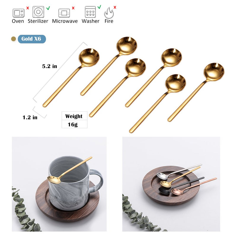 NewNest Australia - Espresso spoons 18/10 Stainless Steel 6-piece Vogue Mini Teaspoons set for Coffee Sugar Dessert Cake Ice Cream Soup Antipasto cappuccino 5 Inch frosted handle by Pukka Home(Gold) Gold 