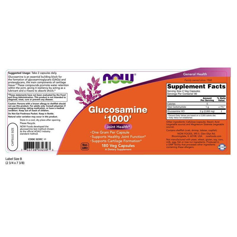 NOW Supplements, Glucosamine '1000', with UL Dietary Supplement Certification, 1 g Per Capsule, 180 Veg Capsules - NewNest Australia