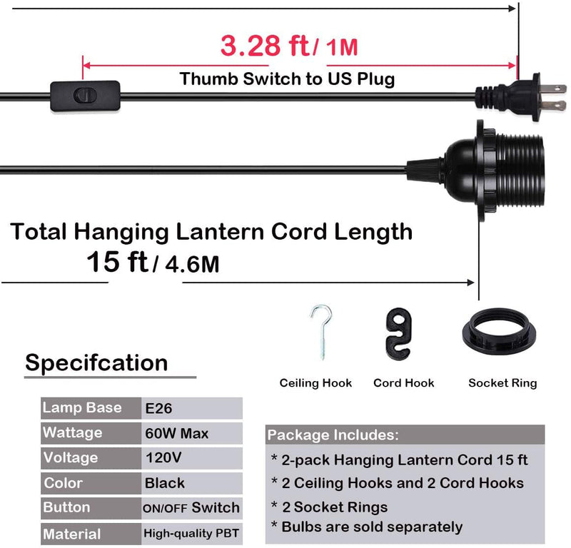 HESSION 2-Pack 15 Feet Plug in Pendant Light, Black Extension Hanging Lantern Cord Cable with in-Line On/Off Switch, E26 E27 Socket - NewNest Australia