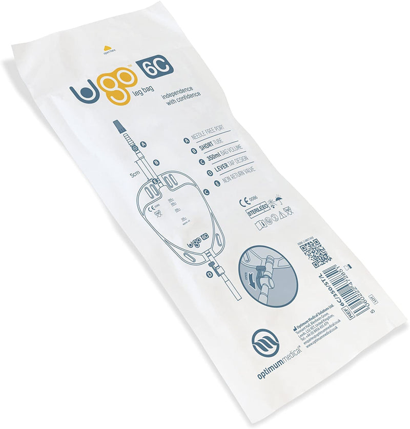 Ugo Leg Bags (x10) – Urine Drainage Bags/Catheter Leg Bags, T Tap or Lever Tap with Soft Fabric Backing and a Natural Leg-Shape Design (Pack of 10) (Ugo 6C - 350ml, Short Tube, Lever Tap) 1 Count (Pack of 10) - NewNest Australia