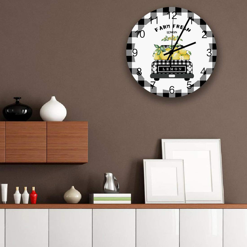 NewNest Australia - Wooden Round Wall Clock 12'' Silent Battery Operated Non Ticking Clock, Black Grey Buffalo Plaid Farm Truck Carry Fresh Lemons Noiseless Office Kitchen Bedroom Wall Clock Home Decor 