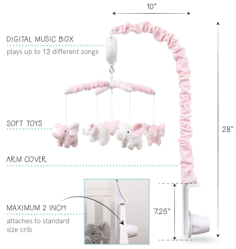 NewNest Australia - The Peanutshell Pink Elephant Musical Crib Mobile for Baby Girls | Digital Music Box with 12 lullabies 