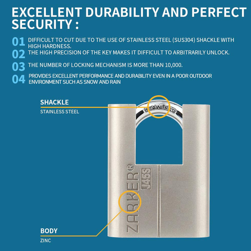 [ZARKER J45S] keyed Padlock - Stainless Steel Shackle Lock,Container storages, Warehouses, Vehicles Outside, or etc, Suitable for Places Have Bad Condition of Weather - 1 Pack - NewNest Australia