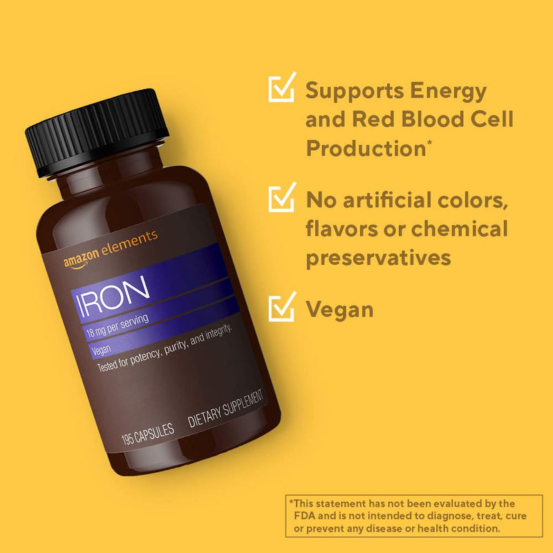 Amazon Elements Iron 18mg, Supports Red Blood Cell Production, Vegan, 195 Capsules, 6 month supply (Packaging may vary) - NewNest Australia