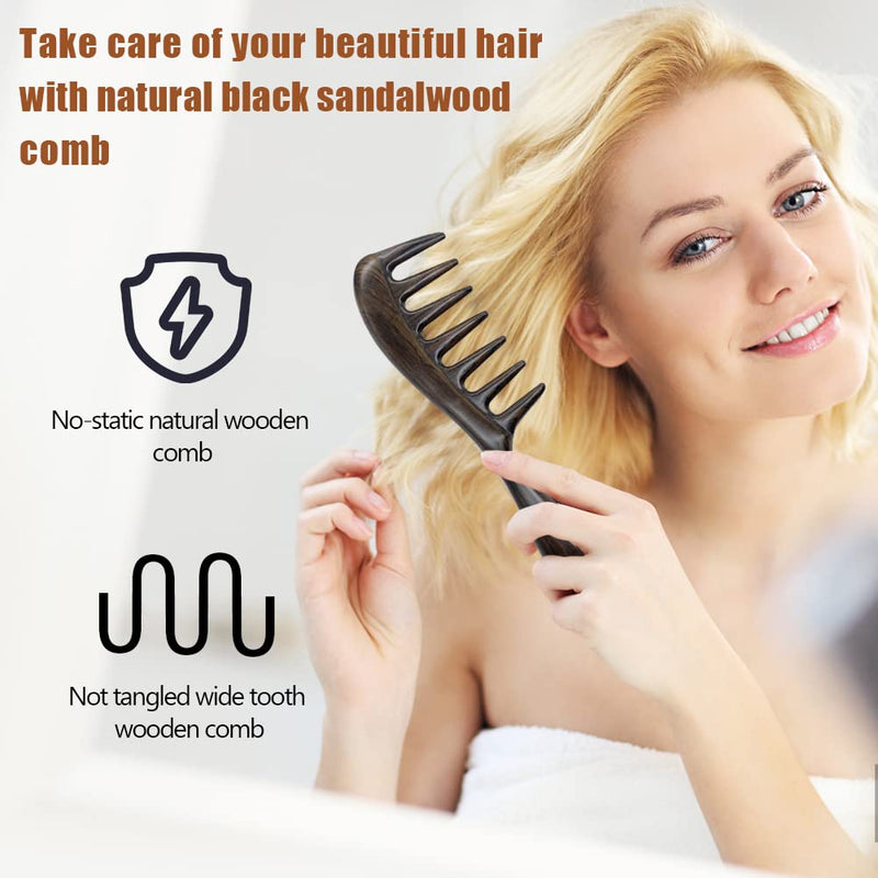 EQLEF Large Wide Tooth Comb Wooden Comb Natural Black Sandalwood Comb Anti Static and Detangling Handmade Big Tooth Comb for Thick Curls and Straight Easy Detangle Hair - NewNest Australia