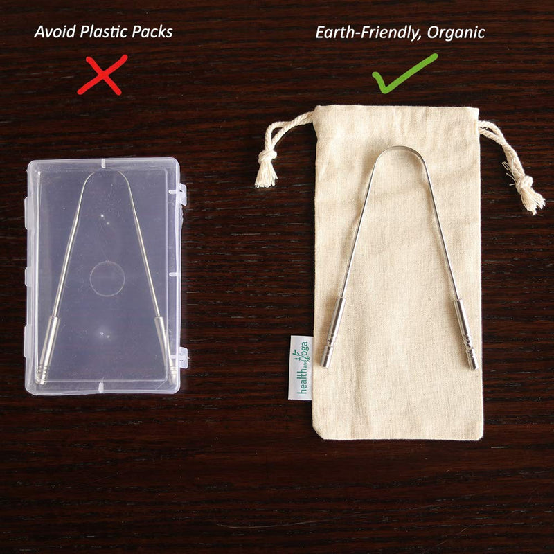 HealthAndYoga(TM) Tongue Cleaner Scraper - Hygienic Seal-Pack – Surgical Grade Stainless Steel, Non-Synthetic Grip – Sterilizable Tongue Brush Cleaner (with Organic Storage Bag) Surgical Steel - 1 Pack (with Travel Bag) - NewNest Australia