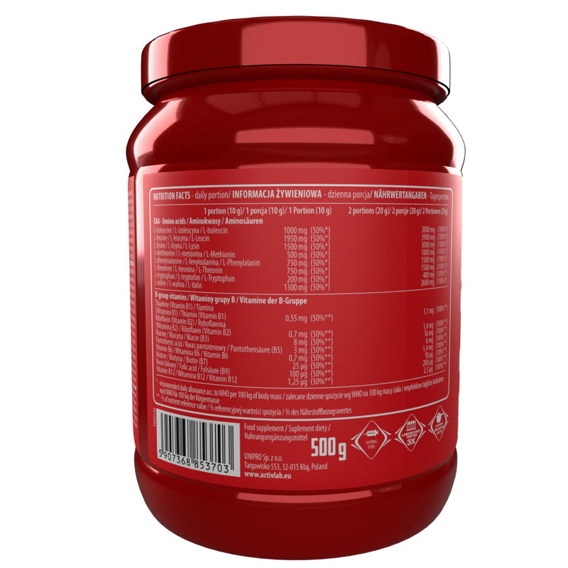 Activlab Eaa Xtra Instant 500 G Powder All 8 Essential Exogenous Amino Acids, B Vitamins, 50 Servings, Workout Drink, Watermelon, Optimal Value, Vegan, Includes Measuring Cup, Vegan - NewNest Australia