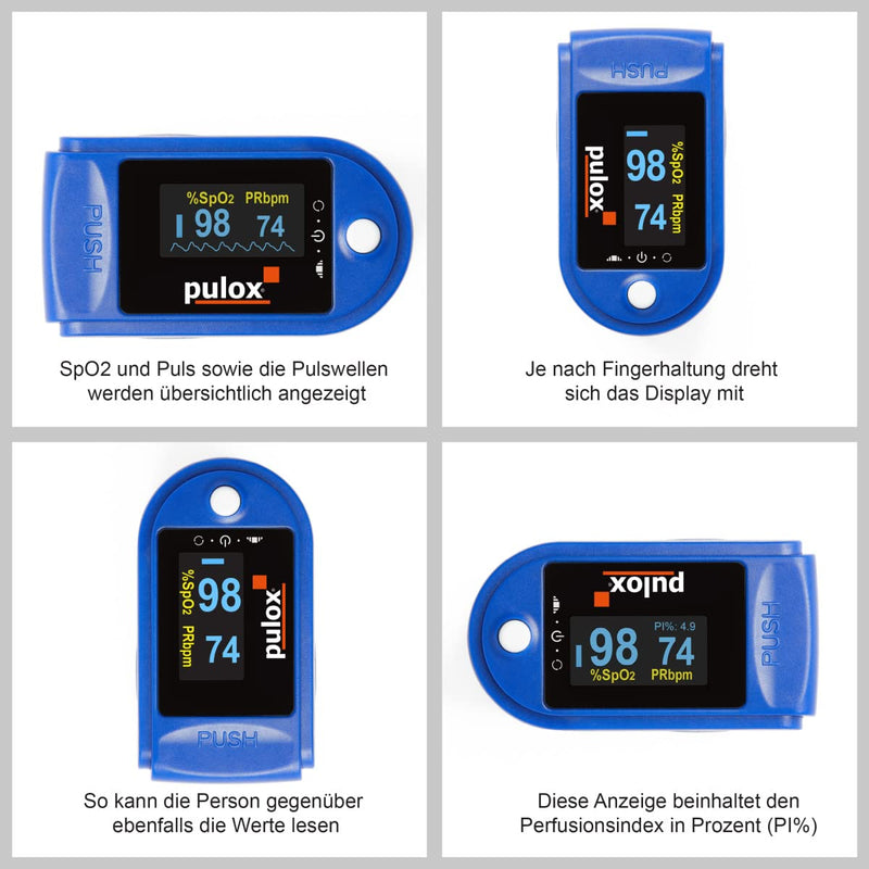 Pulse oximeter PULOX PO-200 Solo in blue Finger pulse oximeter for measuring the pulse and oxygen saturation on the finger - NewNest Australia