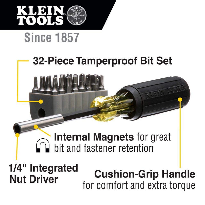 Klein Tools 32510 Magnetic Multibit Screwdriver with Sturdy Torx, Hex, Spanner, Tri-Wing, Torq and Nut Tamperproof Bits and Storage Block - NewNest Australia