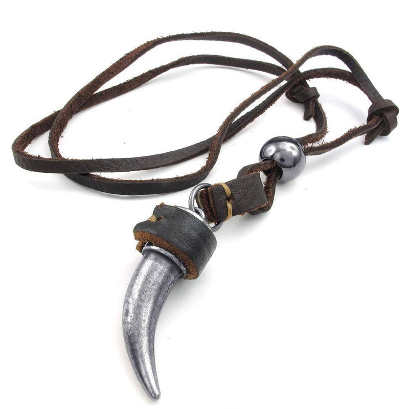 jonline24h Mens Adjustable Tribal Wolf Tooth Pendant Leather Necklace Chain Brown Black Silver - NewNest Australia