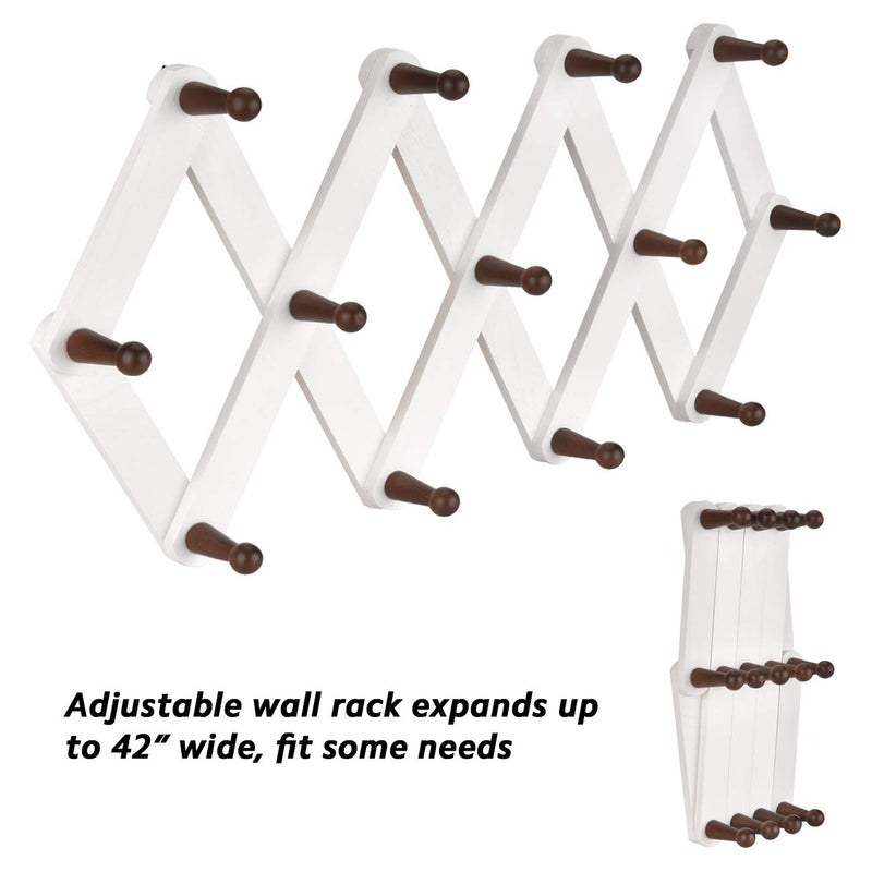 NewNest Australia - Homode Wood Expandable Coat Rack, Wall Mounted Decorative Accordion Hook Rack with 13 Pegs for Mugs, Coats, Jackets, Hats, Scarves, Bags (White and Brown) 