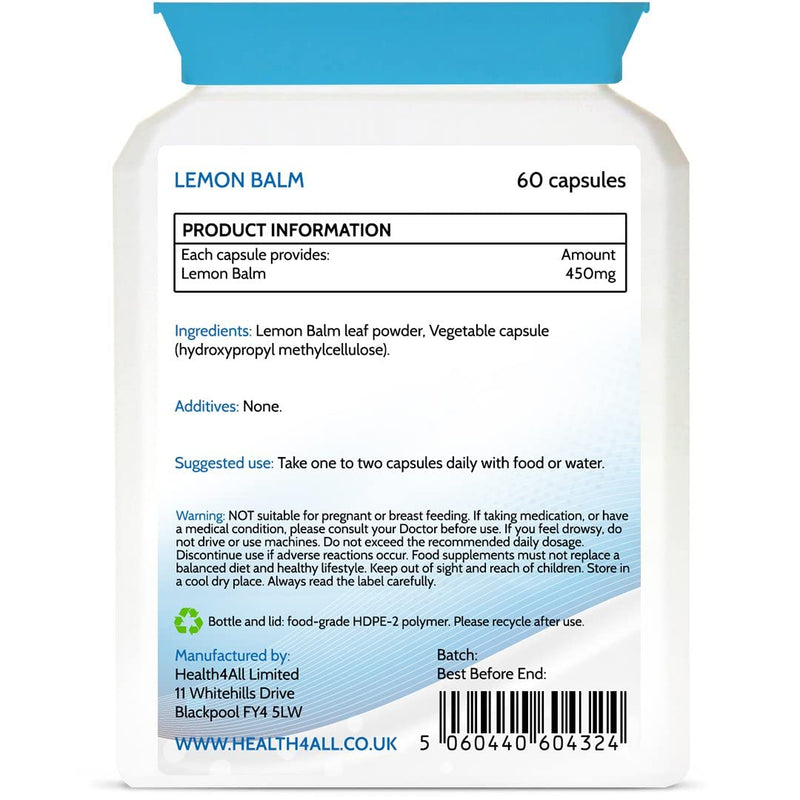 Lemon Balm 450mg 60 Capsules (V) .(not Tablets) Purest- no additives, Vegan. Melissa for Anxiety, Stress and Sleep. Made in The UK by Health4All 60 Count (Pack of 1) - NewNest Australia