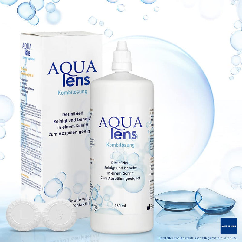 AQUA lens contact lens liquid (360 ml + container) - premium all-in-one combination solution for soft contact lenses with HPMC (360 ml) 360 ml - NewNest Australia