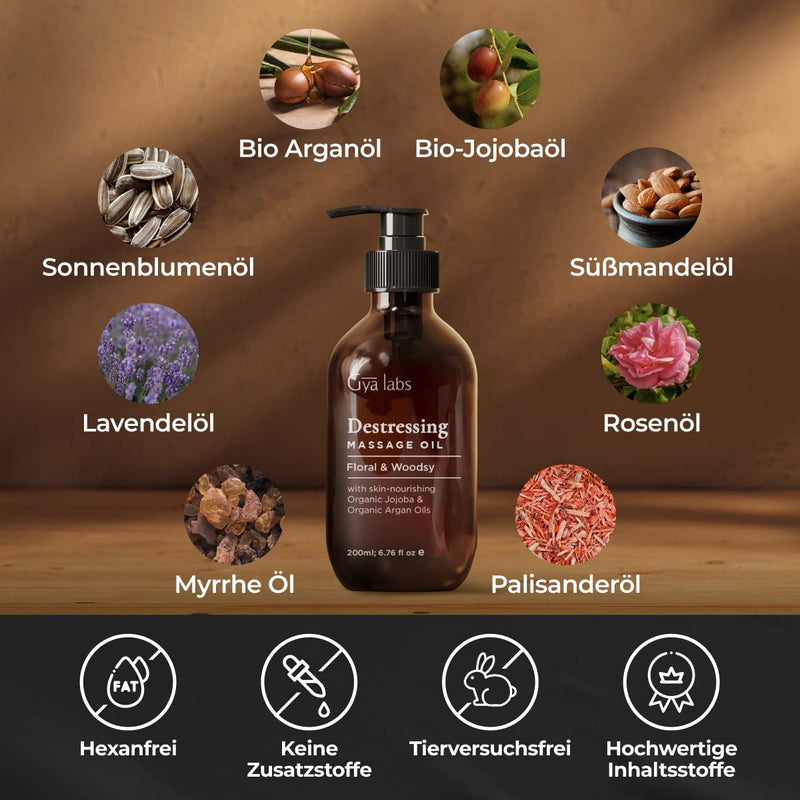 Gya Labs Anti-Stress Massage Oil For Couples - Muscle Soreness Oils For Massage Therapy And Skin - Made From Lavender, Rose Otto, Rosewood, Myrrh, Jojoba And Argan Oil (200Ml) - NewNest Australia