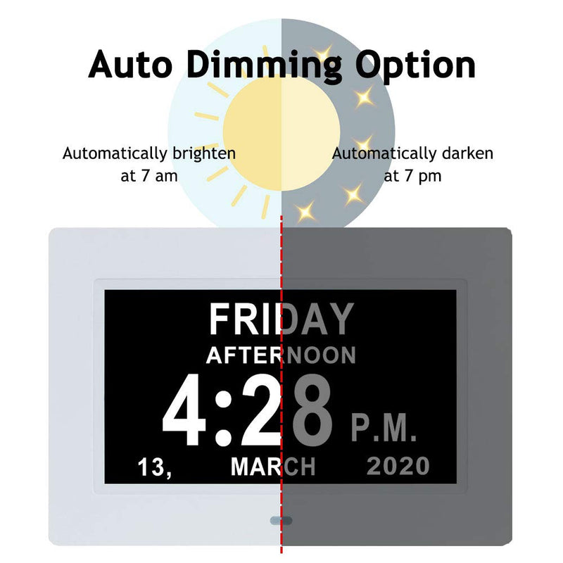 NewNest Australia - 7 Inch Digital Calendar Day Date Clock-12 Alarm Options with Auto-Dimming,Extra Large Non-Abbreviated Day&Month Memory Loss Clock for Seniors,Dementia,Impaired Vision (White) 