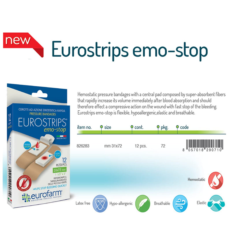 Eurostrips Emo-Stop 1 1/4 x 2 7/8 Inches Adhesive Bandages Central Pad Composed of Super-Absorbent Expandable Fibers That Stop The Bleeding, Breathable, and Hypoallergenic (12 Pieces) - NewNest Australia