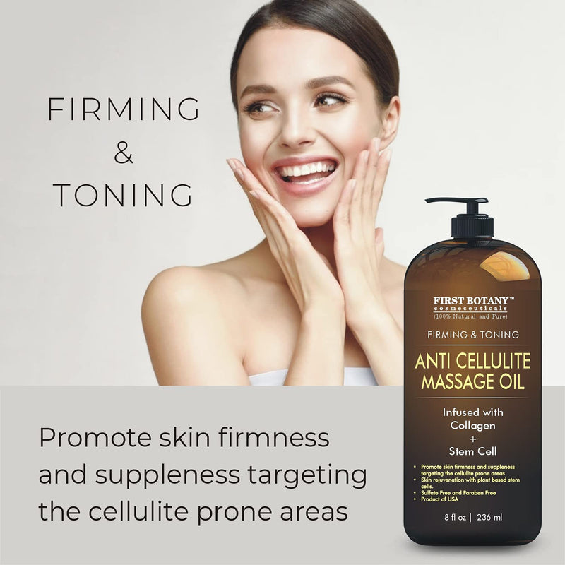 Anti Cellulite Massage Oil - Infused w/ Collagen & Stem Cell - 100% Natural Massage Lotion & Cellulite cream, Remover & Massager - Helps Skin Tightening & Stretch Mark treatment for Women & Men - 8 oz - NewNest Australia