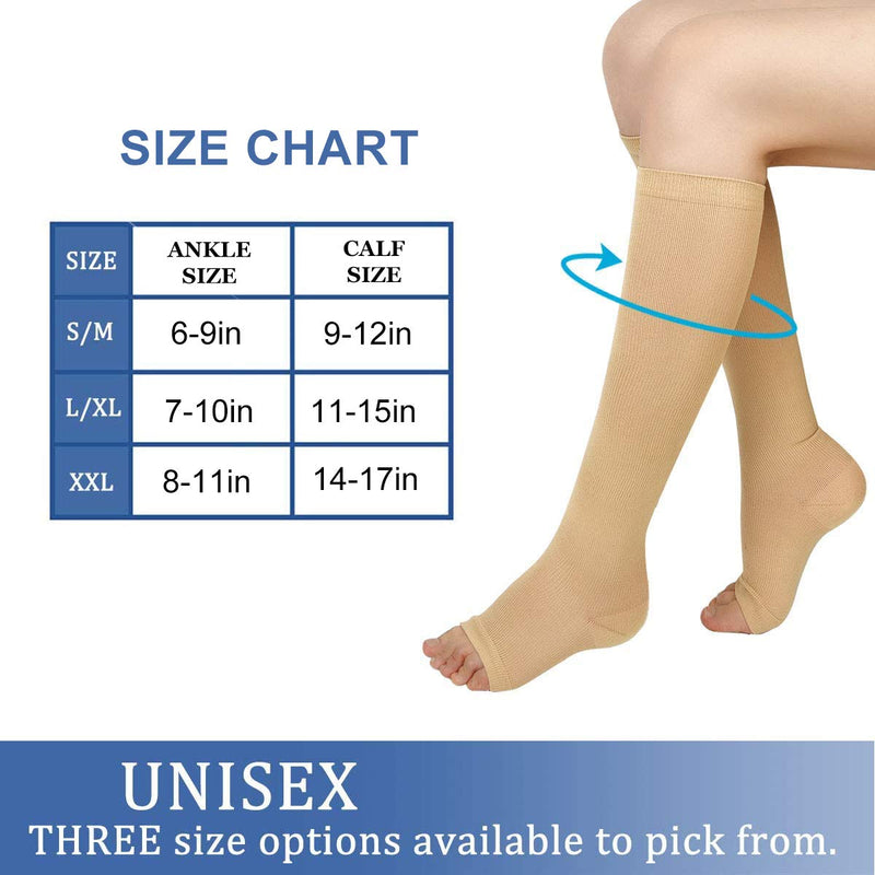 3 Pairs Open Toe Compression Socks Women Knee High Toeless 15-25 mmHg (S/M) Beige Medium - NewNest Australia