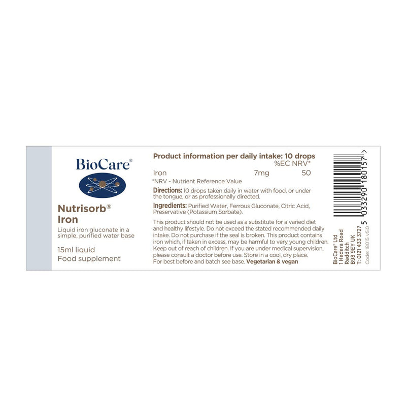 BioCare Nutrisorb Iron | Liquid Iron Gluconate in a Simple, Purified Water Base | Helps Form Red Blood Cells, Supports Energy and Reduces Tiredness and Fatigue | Vegan Friendly | 15 ml - NewNest Australia