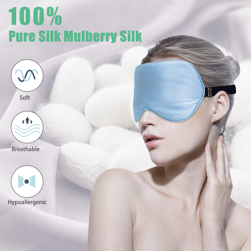 Silk Sleep Mask, 2 Packs 100% Real Natural Silk Eye Mask with Adjustable Straps Eye Sleep Mask, BeeVines Summer Travel Eye Sleep Sunscreen to Reduce Puffiness (Black & Pastel Blue) - NewNest Australia