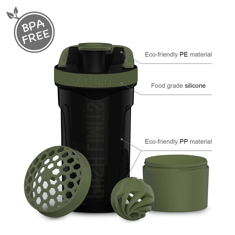 Artoid Inspirational Fitness Workout Sport Protein Shaker Bottle 680 ml, Dual Mixing Technology with Shaker Balls & Mixing Grids Included, Twist and Lock Protein Box Storage Included, Plastic Black/Green - NewNest Australia