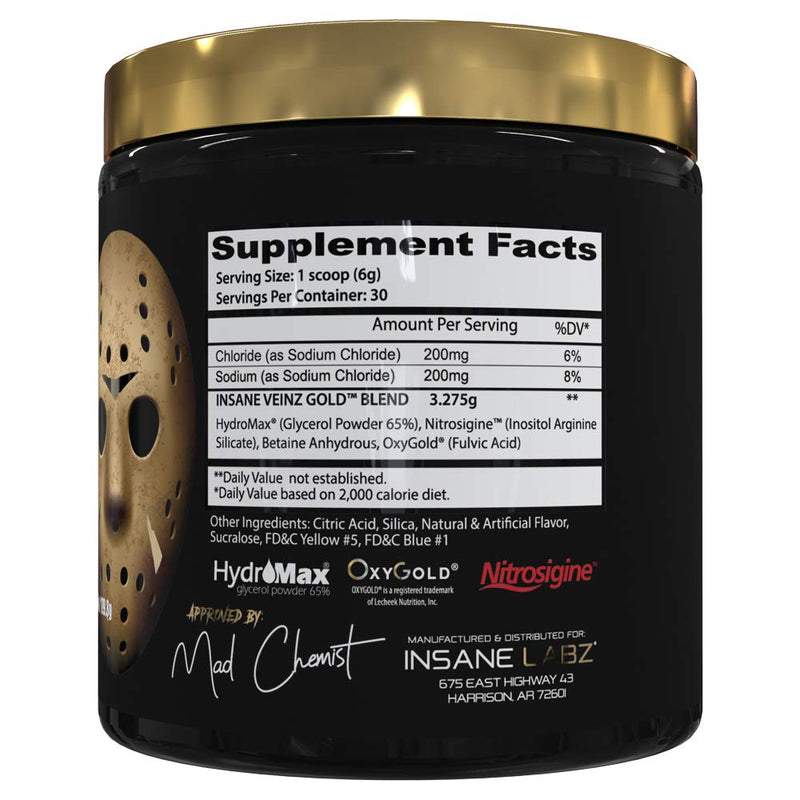 Insane Labz Insane Veinz Gold, Nitric Oxide Non Stimulant pre Workout Powder, Loaded with Hydromax, Nitrosigine, Increases Vascularity and Blood Flow, 30 Srvgs, Apple - NewNest Australia