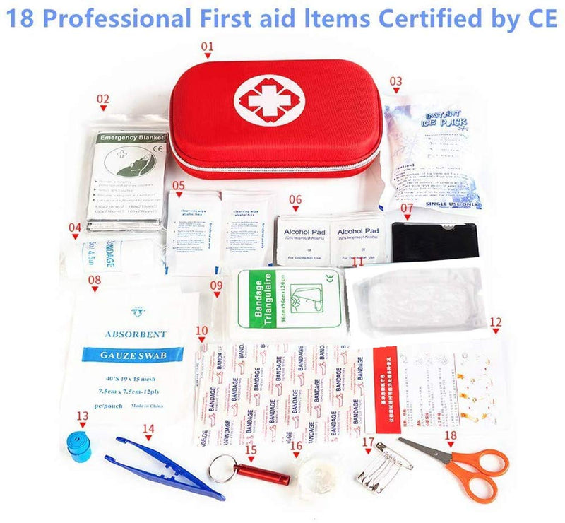 First Aid Kit - Perfect For Hiking, Outdoor, Biking, Sports And Travel - First Aid Kit And Travel Pharmacy With Bonus Emergency Whistle, 18 Pieces In Red Semi-Hard Bag - NewNest Australia