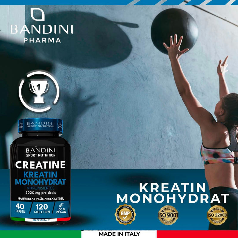 Bandini Creatine Monohydrate Mercury Free 120 Tablets - 3000 Mg Creatine Monohydrate In Micronized Quality Optimal High Dose - Creatine Without Additives - 100% Vegan - Supply For 40 Days - NewNest Australia