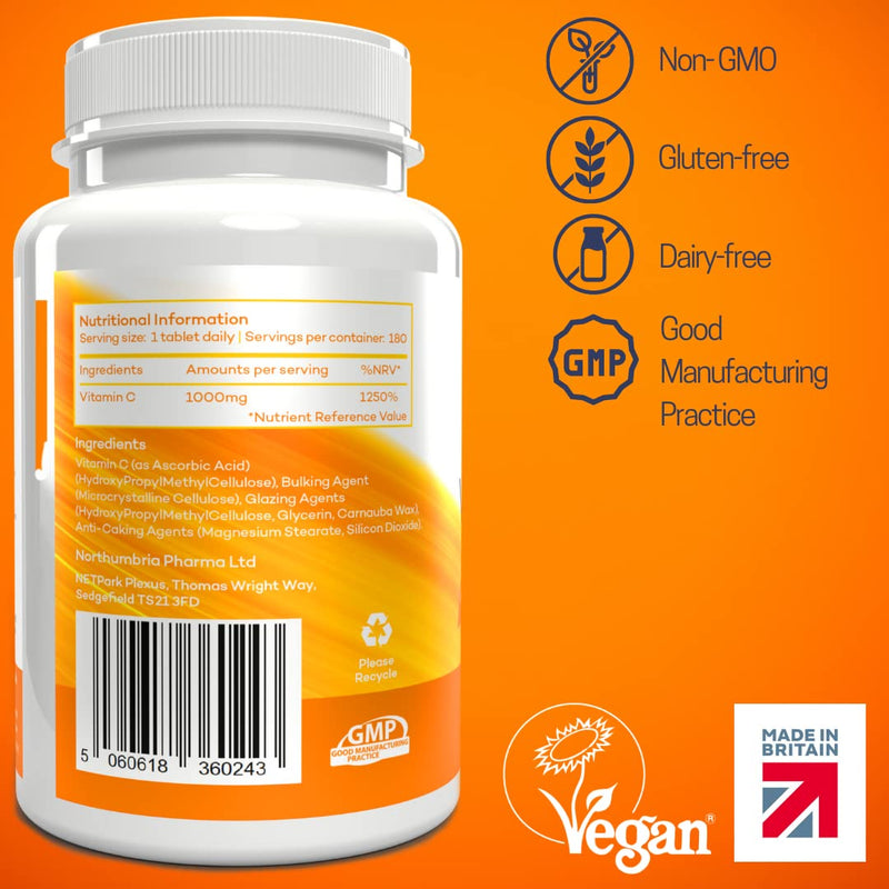 Vitamin C 1000mg - 180 Premium Vegan Tablets - 6 Month Supply - High Strength Ascorbic Acid - for Normal Immune System - Made in The UK by Northumbria Health - NewNest Australia