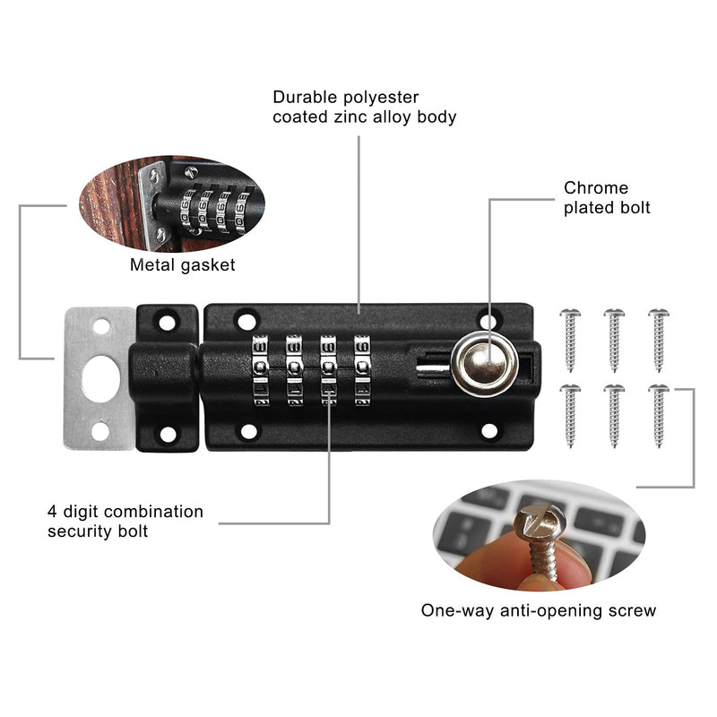 Combi-Bolt,Combination Locking Bolt,Set Your Own Code,Thicken Solid Zinc Alloy,Home Reinforcement,Iron Gates,barns,Fences,childproofing,cupboards,Workshop,1Pack,Black,SISAV557 Black - NewNest Australia