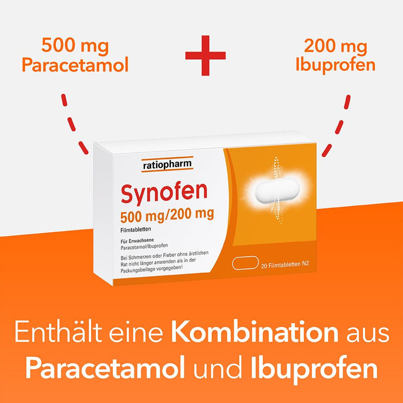 Synofen from ratiopharm: fast, strong and well tolerated against pain - with the active ingredient combination of paracetamol and ibuprofen, 20 film-coated tablets (20) - NewNest Australia