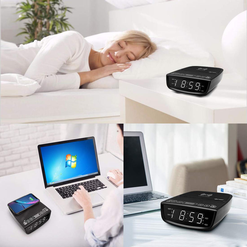 NewNest Australia - dpnao Alarm Clock FM Radio with Wireless Charging, USB Charging Port, Bluetooth Speaker, Dual Alarm, 3-Level Dimmer, Sleep Timer, Snooze for Home Bedroom Bedside 