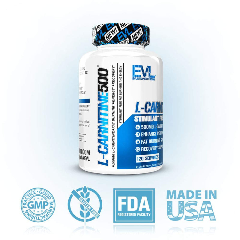 Evlution Nutrition L-Carnitine500, 500 mg of Pure L Carnitine in Each Serving, Stimulant-Free, Capsules (120 Servings) 120 Count (Pack of 1) - NewNest Australia