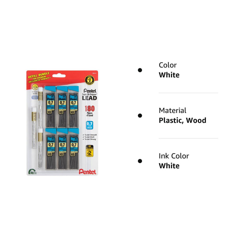 Pentel Eraser and Lead Refill Pack for Mechanical Pencils - Super Hi-polymer Lead Refills Value Pack - 0.7mm 6 Pack of 30 Pieces – Pack of White Eraser Refills 3 Packs of 4 Erasers Each - NewNest Australia