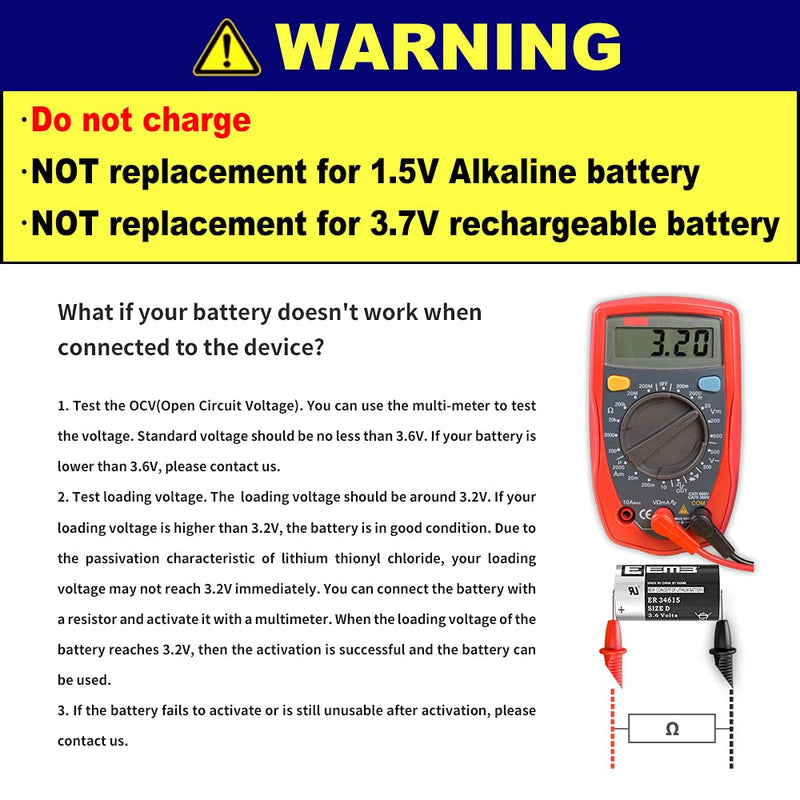 EEMB ER34615 Nonrechargeable 3.6V Lithium Battery Li-SOCL₂ D Size 19000 mAh High Capacity UL Certified Single-Use 3.6V Lithium Thionyl Chloride Battery DO NOT Charge Battery 1 - NewNest Australia