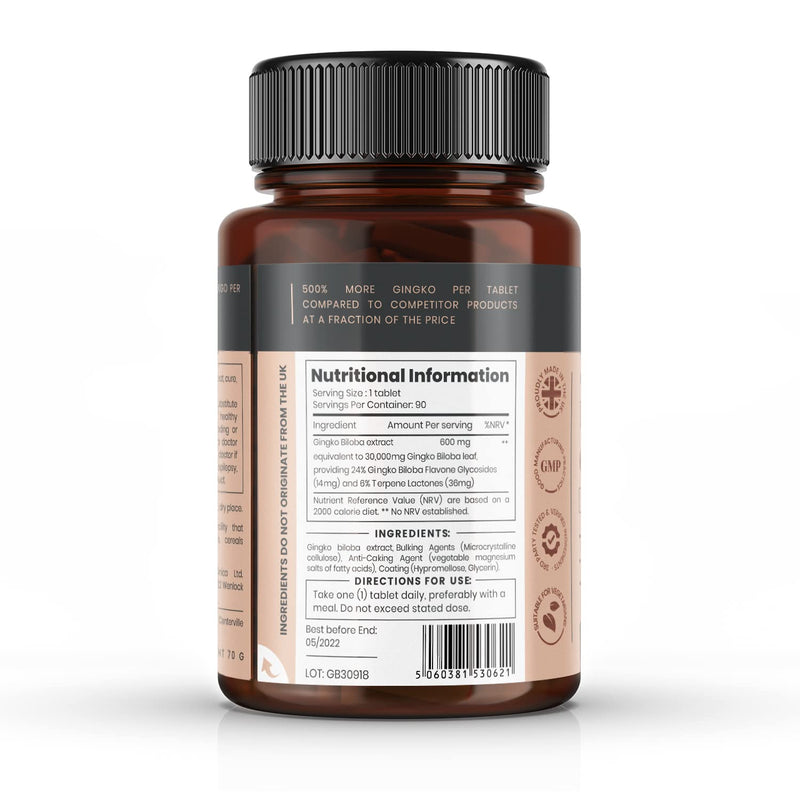 Pureclinica High Potency Ginkgo Biloba 30,000mg. 3 Months Supply 5 Times The Strength of Competitor Products with 600mg 50:1 Extract and 24% Flavone Glycosides per Tablet - NewNest Australia