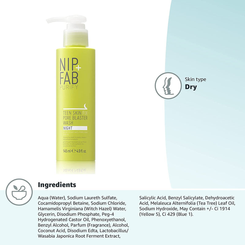 Nip + Fab Teen Skin Fix Pore Blaster Night Face Wash with Salicylic Acid, Wasabi Extract, and Tea Tree Oil Cleansing Purifying Facial Cleanser for Breakouts Acne Prevention and Refining Pores,144.91ml - NewNest Australia