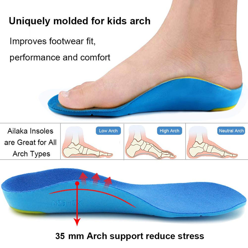 Ailaka Kids Orthotic Cushioning Arch Support Shoe Insoles, Children Pu Foam Inserts for Flat feet, Plantar Fasciitis, Feet Heel Pain Relief, Blue, 2-3.5 UK/EU 34-36 / CN 33-35 2-3.5 UK/33-35CN - NewNest Australia