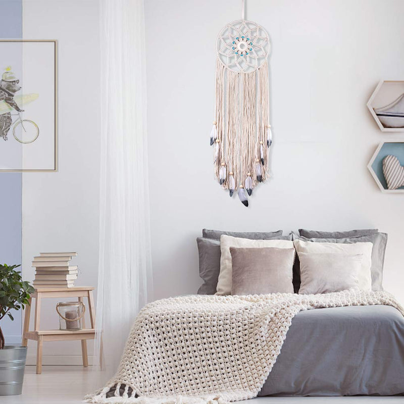 NewNest Australia - KERIQI Macrame Dream Catcher Wall Decor, Boho Large Dreamcatcher with Feather Leaf and Bead Wall Hanging for Kids Bedroom Bohemian Wedding Farmhouse Home Decor, 36 x 12 Inches 