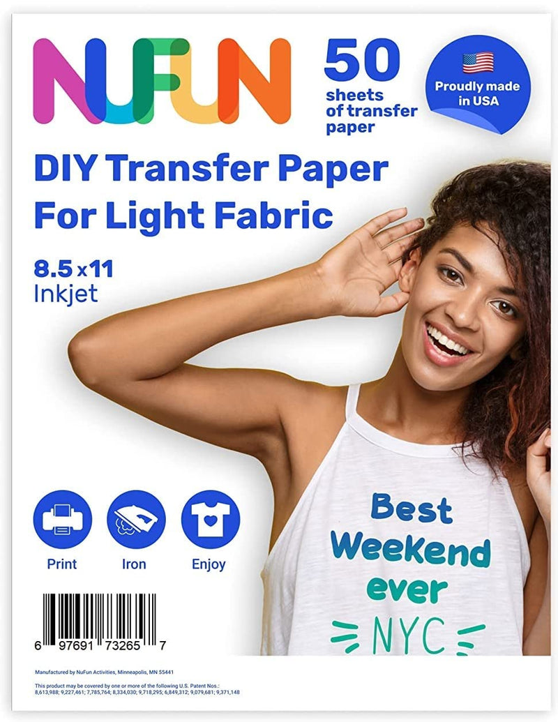 NuFun Activities Inkjet Printable Iron-On Heat Transfer Paper for T Shirts and Light Fabrics, Shirt Printing and DIY Projects - 8.5x11” - 50 Sheets - NewNest Australia