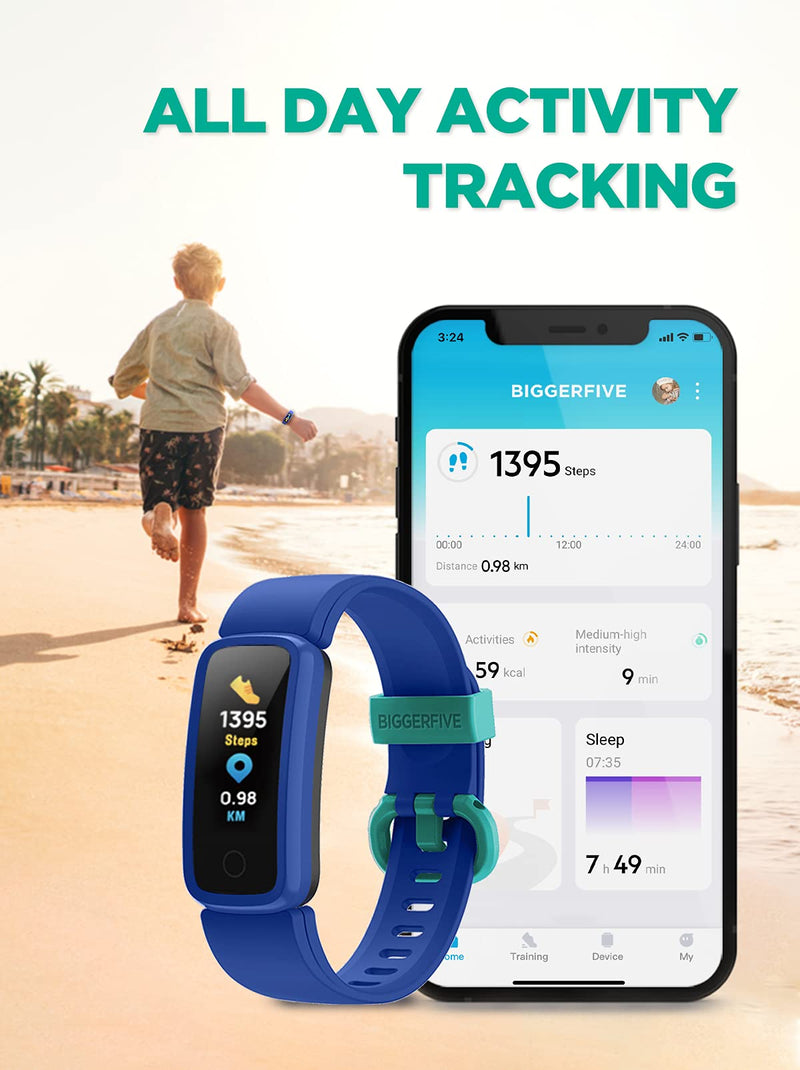 BIGGERFIVE Kids Fitness Tracker, IP68 Waterproof Activity Tracker, Heart Rate Monitor, Sleep Monitor, Pedometer, Calorie Counter, Alarm Clock, Fitness Watch for Girls and Boys Aged 5-15 Blue - NewNest Australia