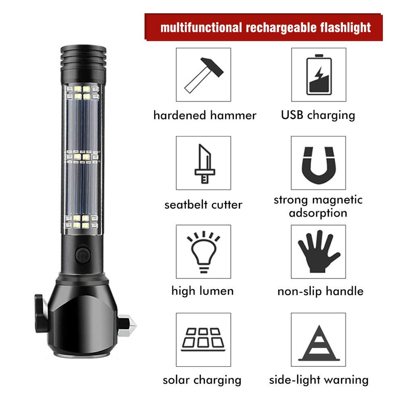 Serjur 8 in 1 Multi Function Flash Light,USB Rechargeable Solar Powered Flashlight with Glass Breaker,Seatbelt Cutter,Alarm and Phone Charger, Car LED Tactical Flashlight for Emergencies - NewNest Australia