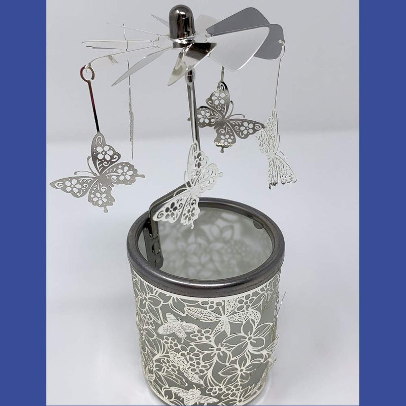 NewNest Australia - Butterfly Candle Holder - Silver Metal Rotating Spinning Butterflies with Flowers and Bees - Spinner Scandinavian Designs - 6 ¼ Inch Tall 