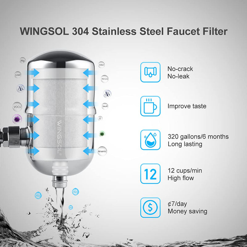 WINGSOL Faucet Water Filter 304 Stainless-Steel Reduce 99.6% Lead & Odor 50% Arsenic, 320-Gallon, High Flow,Food Grade, Improve Taste, Faucet Filter-1 Filter Included - NewNest Australia