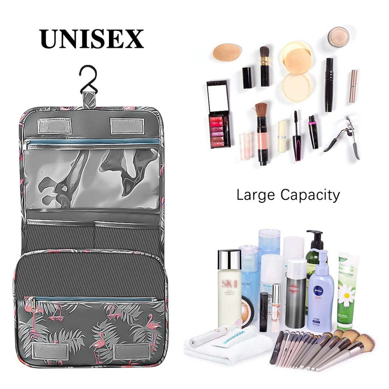 Hanging Toiletry Bag - Travel Portable Wash Bag Makeup Cosmetic Organizer for Women & Girls Waterproof Bathroom Shower Bag for Business Trip, Gym, Vacation & Household (Gray Flamingo) Grey - NewNest Australia