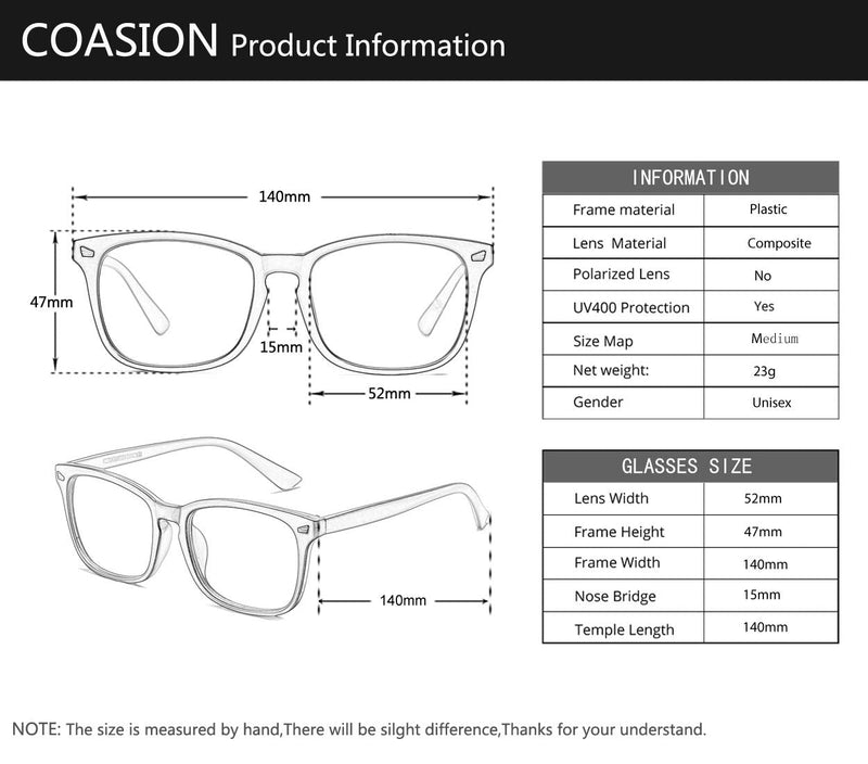 COASION unisex transparent glasses without window glass, prescription fake glasses for girls, men, women, transparent, 52 millimeters - NewNest Australia