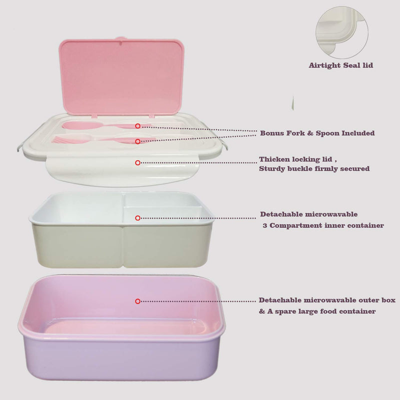 NewNest Australia - UPTRUST Bento Lunch container For Kids, Bento adult box With 3 Compartment. Leak-proof, Microwave safe, Dishwasher Safe, Freezer Safe,Meal Fruit Snack Packing Box(Spoon&Fork included,Pink-White) Pink-White 